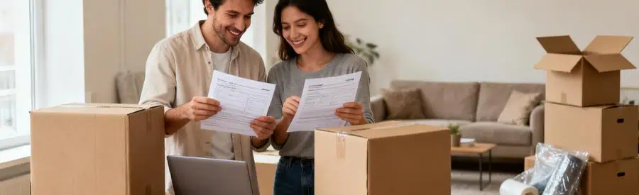 Couple comparant des offres de déménagement avec documents et cartons dans un salon à Cherbourg-en-Cotentin.