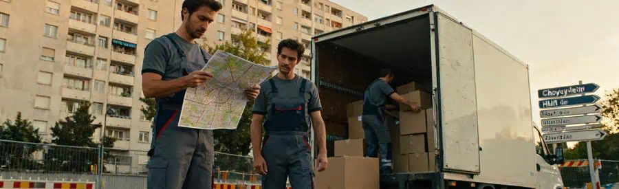 Déménageurs professionnels à Choisy-le-Roi, gérant un chargement complexe en milieu urbain avec chantier.