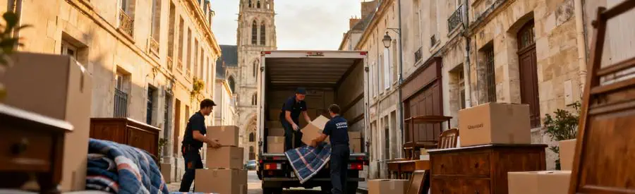 Déménageurs professionnels à Cholet, entourés de bâtiments historiques et l'église Notre-Dame, illustrant les défis logistiques.