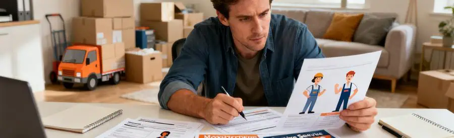 Personne comparant plusieurs offres de déménagement sur une table dans un environnement lumineux.