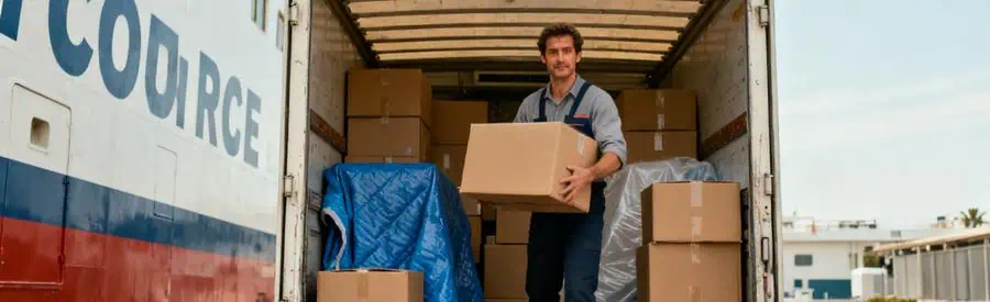 Professionnel chargeant des cartons dans un camion en préparation pour un déménagement vers la Corse.