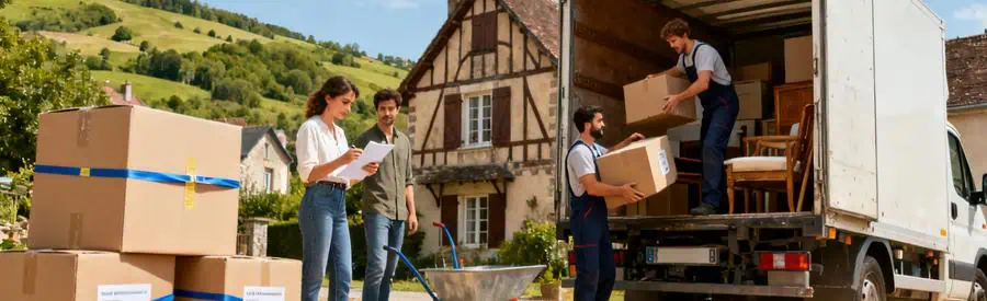 Déménageurs chargent des cartons dans un camion dans une ville de Corrèze, illustrant les services disponibles.