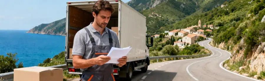 Déménageur en train de consulter des offres près d'un camion dans le paysage de Corse-du-Sud.