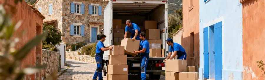 Équipe de déménageurs professionnels chargeant des cartons devant une villa en Corse-du-Sud.