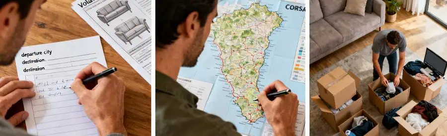 Illustration des étapes pour obtenir des offres de déménagement en Corse, mettant en avant différents moments de la préparation.