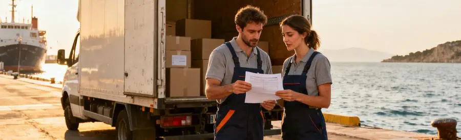 Deux déménageurs comparant des offres devant un camion au port, soulignant les spécificités d'un déménagement vers la Corse.