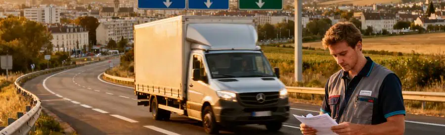 Camion de déménagement en Côte-d’Or, déménageur vérifiant des documents sur une route desservant Paris, Lyon et Besançon.