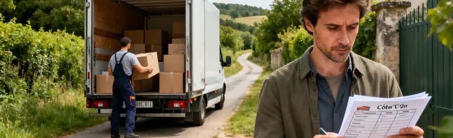 Déménageur chargeant des cartons dans un camion sur une route étroite de la Côte-d'Or, pendant qu'un client consulte des offres.