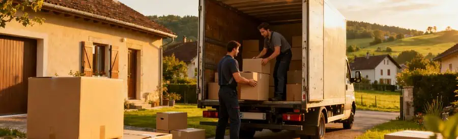 Déménageurs professionnels chargent un camion dans un quartier de la Creuse, illustrant la couverture du département.