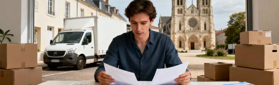 Personne consultant des documents entourée de cartons, mettant en avant les défis du déménagement à Dax.