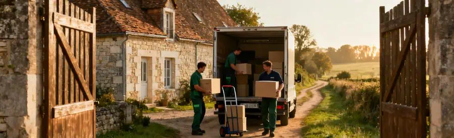Déménageurs professionnels chargent un camion dans un cadre rural des Deux-Sèvres, illustrant les spécificités logistiques.