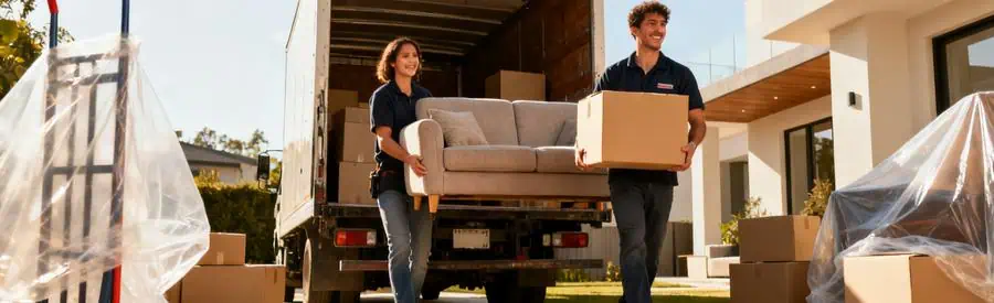 Déménageurs chargent un camion avec divers articles dans un cadre résidentiel du Lot-et-Garonne.