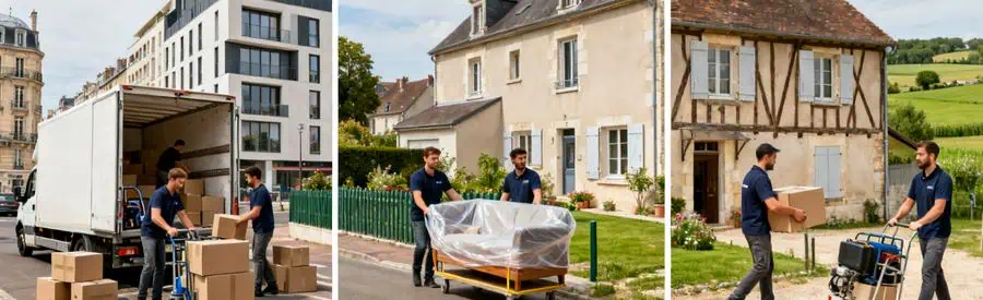 Trois contextes de déménagement en Sarthe : urbain au Mans, périurbain et rural avec professionnels en action