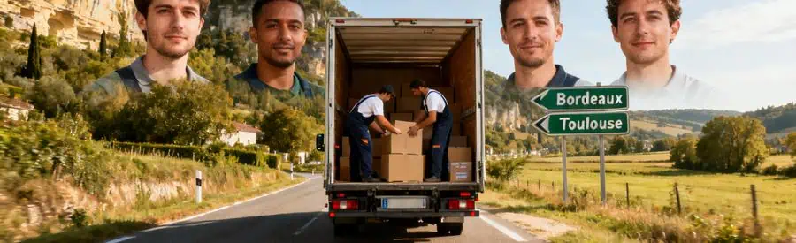 Camion de déménagement sur route en Dordogne avec déménageurs chargés de cartons, direction Bordeaux et Toulouse.