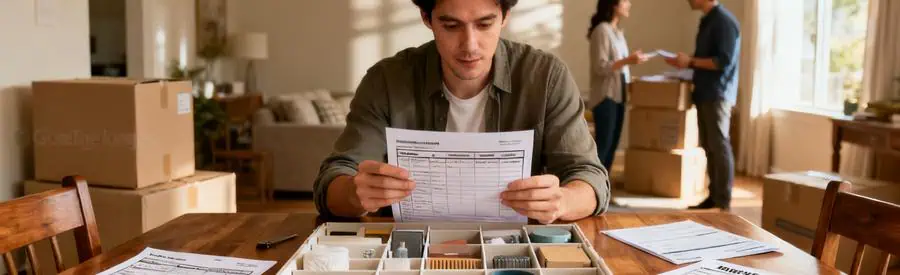 Personne examinant un inventaire de biens à déménager, documents administratifs en arrière-plan, ambiance sereine.