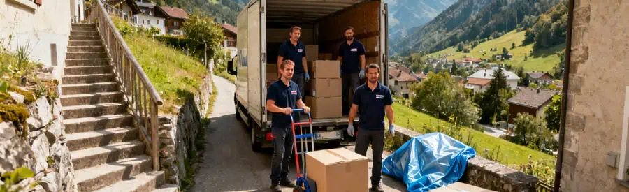 Déménageurs professionnels chargent des cartons dans un camion en milieu montagneux du Doubs, soulignant les défis logistiques.