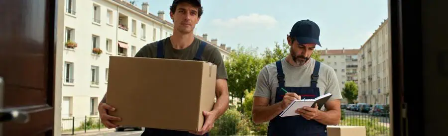 Demenagement Drancy Professionnels Chargement Professionnels en tenue de travail chargent des cartons dans un camion de déménagement à Drancy, représentant divers types de déménagement.