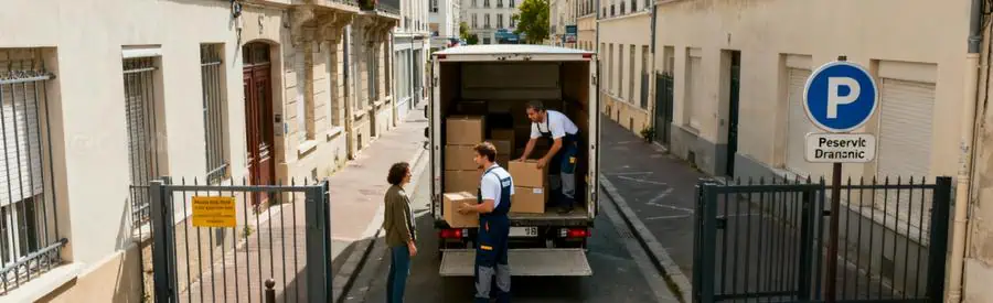 Demenagement Drancy Rue Etroite Déménageurs manipulant des cartons dans une rue étroite de Drancy, montrant les défis logistiques du déménagement.