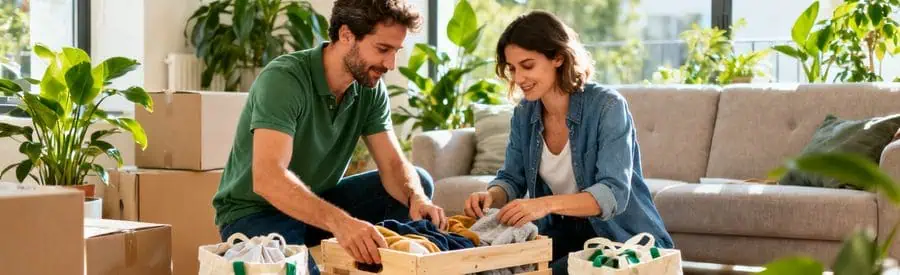 Déménagement écologique Preparation Emballage Déménagement écologique : couple préparant des caisses réutilisables pour un emballage éco-responsable
