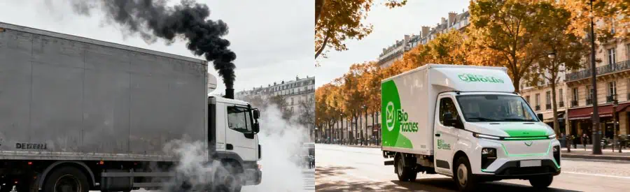 Déménagement écologique Transport Comparatif Déménagement écologique : comparaison transport diesel polluant versus camion écologique