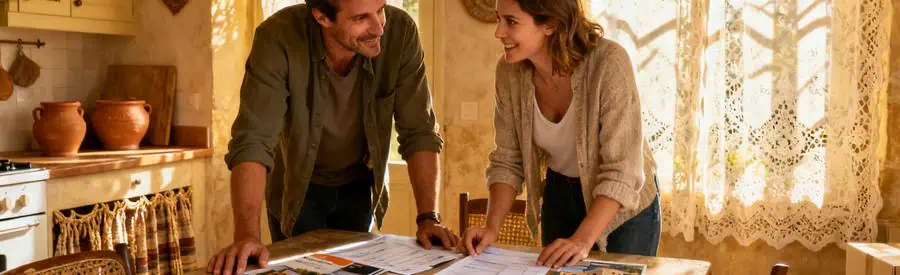 Un couple compare des offres de déménagement autour d'une table, planifiant leur déménagement en Centre-Val de Loire.