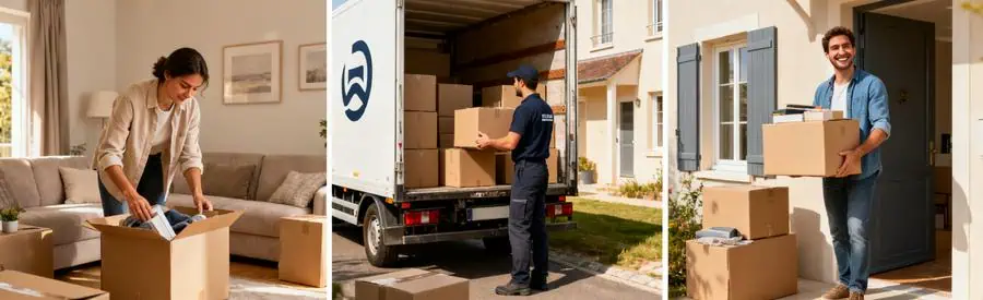 Client emballant des cartons, déménageur chargeant dans camion, déchargement devant nouvelle maison en Ille-et-Vilaine.