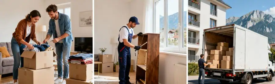 Différents aspects des formules de déménagement économique et premium à Annecy montrant l'emballage, démontage et chargement.
