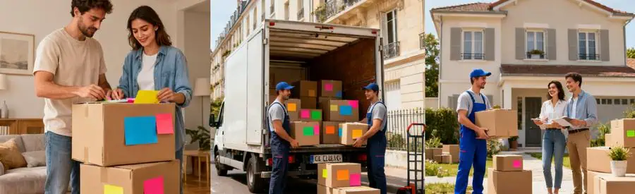 Demenagement Economique Premium Clichy Couple préparant leurs cartons, déménageurs chargent un camion, déchargement à nouvelle adresse à Clichy.