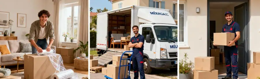 Demenagement Economique Premium Merignac Illustration des formules de déménagement économique et premium à Mérignac avec emballage, chargement et déchargement.