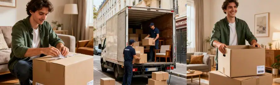 Demenagement Economique Premium Montrouge Triptyque montrant l'emballage à domicile, le chargement dans un camion et le déballage dans un nouveau salon à Montrouge.