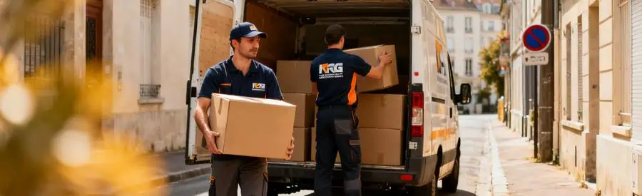 Demenagement Epinay Sur Seine Camion Déménageurs professionnels chargeant des cartons dans un camion de petite taille sur une rue d'Épinay-sur-Seine.