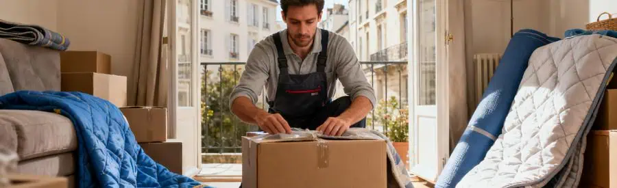 Demenagement Epinay Sur Seine Professionnel Déménageur professionnel emballant des cartons dans un appartement à Épinay-sur-Seine, mettant en avant l'importance de l'expertise locale.