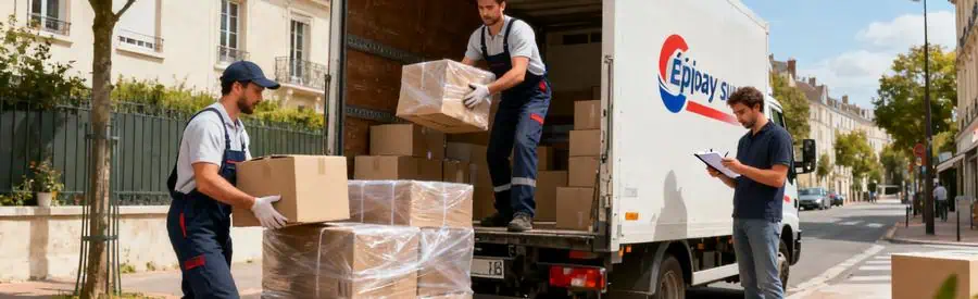 Demenagement Epinay Sur Seine Transport Camion Déménageurs chargent un camion dans une rue d'Épinay-sur-Seine, illustrant différents types de déménagement.