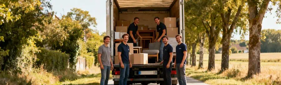 Déménageurs professionnels chargent un camion sur une route en Eure-et-Loir, illustrant l'accessibilité des logements.