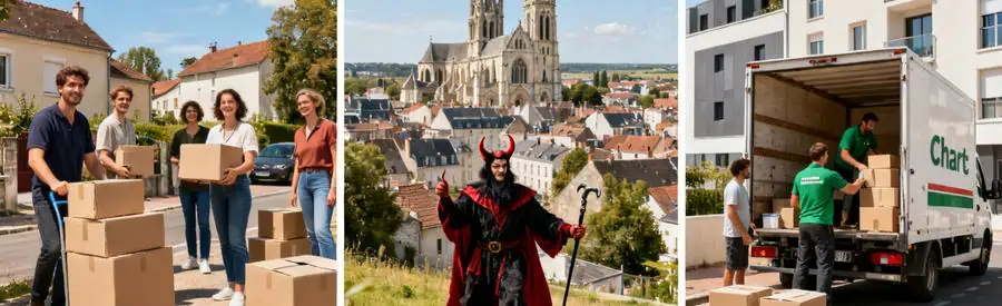 Illustration des atouts de Chartres pour un déménagement dans l'Eure-et-Loir avec différentes scènes d'organisation.