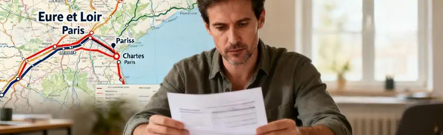 Personne comparant des options de déménagement en Eure-et-Loir avec documentations visibles.