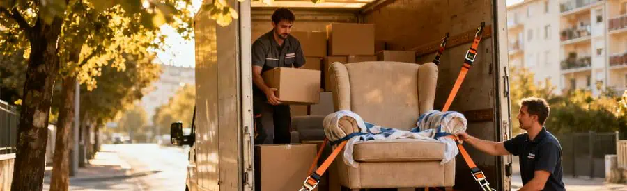 Déménageur professionnel chargeant des cartons dans un camion à Eure, mettant en avant la sécurité du matériel adapté.