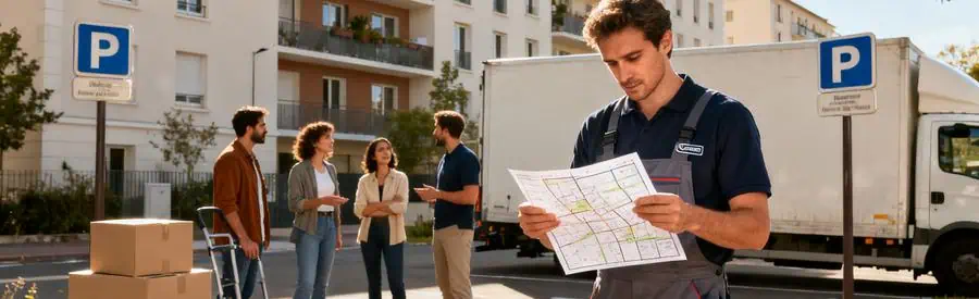 Déménageur examinant un plan de livraison devant un immeuble à Fontenay-sous-Bois, illustrant les spécificités du déménagement.