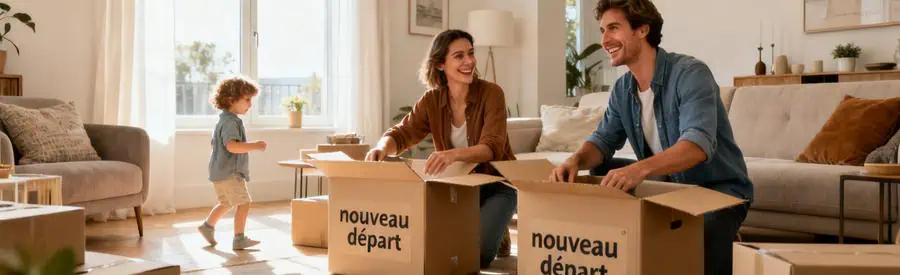Demenagement Gironde Nouveau Depart Famille dans un nouveau salon en Gironde, déballant des cartons et illustrant le déménagement.
