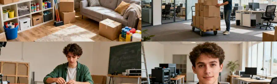 Demenagement Gironde Particuliers Entreprises Étudiant emballe des cartons dans un studio tandis qu'une entreprise déménage son bureau, illustrant la diversité des déménagements en Gironde.