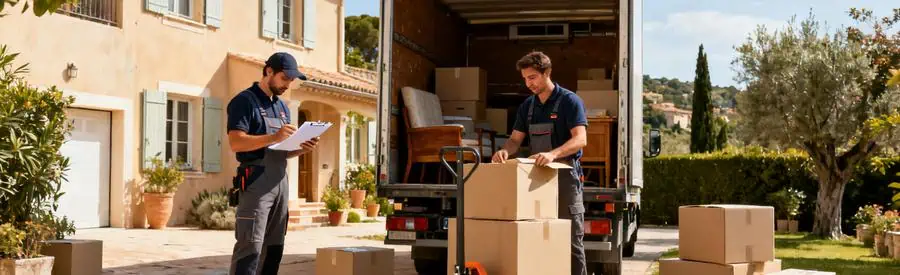 Demenagement Grasse Chargement Camion Déménageurs professionnels chargent des cartons dans un camion à Grasse, illustrant des services variés.