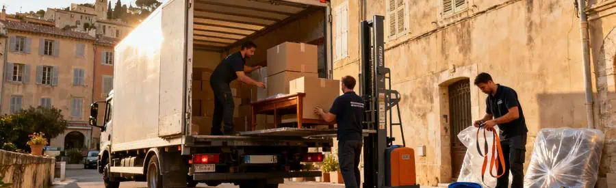 Demenagement Grasse Logistique Unique Camion de déménagement à Grasse avec déménageurs chargent des cartons sur un monte-meuble, montrant les spécificités logistiques.