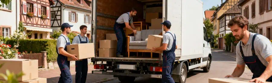 Déménageurs chargent un camion dans un quartier du Haut-Rhin, montrant l'activité déménagement locale.