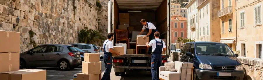 Déménageurs chargent un camion dans une rue étroite de Bastia, illustrant l'adaptation au déménagement en Haute-Corse.