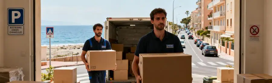 Déménageurs transportant des cartons dans un immeuble en Haute-Corse, soulignant les défis urbains.