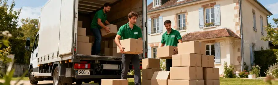Demenagement Haute Marne Chargement Camion Équipe de déménageurs chargeant un camion de 20 m³ avec des cartons en Haute-Marne, lumière douce.