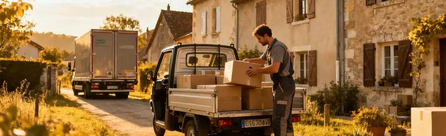 Professionnel du déménagement chargeant des cartons dans un utilitaire adapté en Haute-Saône, illustrant les défis logistiques.