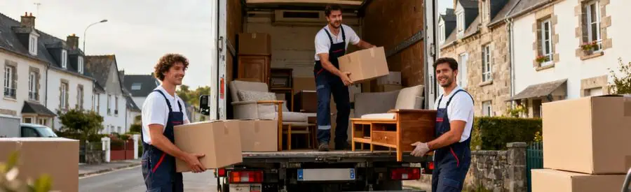 Déménageurs professionnels chargent des cartons dans un camion dans une rue d'Ille-et-Vilaine.