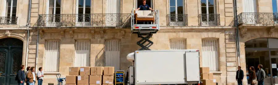 Déménageur utilisant un monte-meuble sur un immeuble haussmannien à Rennes pour un déménagement en Ille-et-Vilaine.