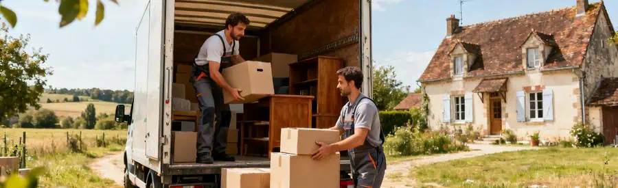 Déménageurs chargent des cartons dans un camion près d'une maison traditionnelle de l'Indre.